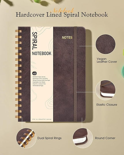 Dotted Spiral Journal Notebook, A5 Hardcover Spiral Journals for Women Men, 100 GSM Dot Grid Paper Notebooks, 150 Pages Spiral Bullet Dotted Notebook for Writing Note Taking 5.75" x 8.38", Dark Brown