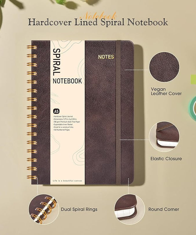Dotted Spiral Journal Notebook, A5 Hardcover Spiral Journals for Women Men, 100 GSM Dot Grid Paper Notebooks, 150 Pages Spiral Bullet Dotted Notebook for Writing Note Taking 5.75" x 8.38", Dark Brown