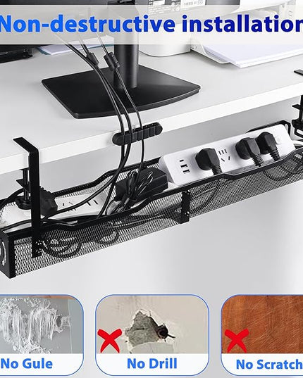 Under Desk Cable Management Box 25.3 Inch – Clamp-Mounted Cable Organizer Tray, Large Cord Management Box for Office & Home, Wire Organizer Under Desk Storage, Black