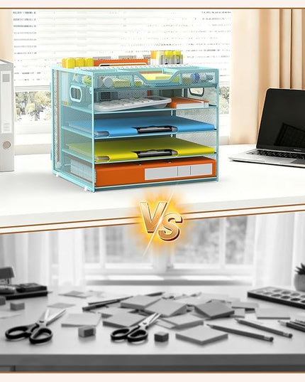 Docnest 5 Tier Letter Tray with Hanging File Organizer-Mesh Desk Organizer-Desktop Storage Box Built in Pen Holder and Handles, File Folder Holder for Mail Documents Office Supplies-Blue