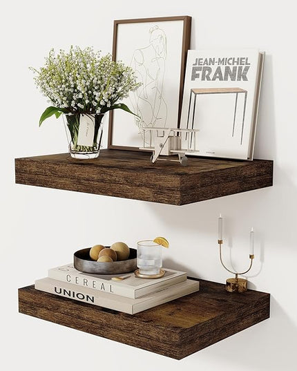 12 Inch Deep Floating Shelves, 16 x 12 Floating Shelf for Books, Rustic Wood Deep Wall Shelves for Home Storage & Display, 2" Thicked Shelves for Kitchen, Living Room, Bedroom, Rustic Brown, 2 Pack
