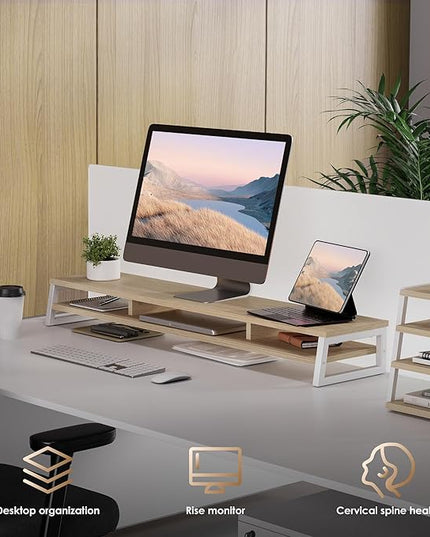 Fenge Dual Monitor Stand for Desk, 42.5in Large Monitor Riser for 2 Monitors, 2 Tier Computer Office Desk Top Shelf, Desktop Storage Stand for Laptop, PC, Computer, Printer