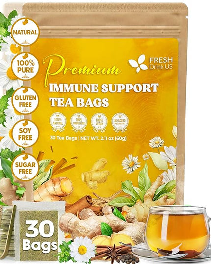 FreshDrinkUS, Premium 30 Tea Bags Immune Support Herbal Tea, Ginger, Cinnamon, Chamomile, Licorice Root, Black Pepper and Orange Peel – 100% Natural, Caffeine-Free, Vegan