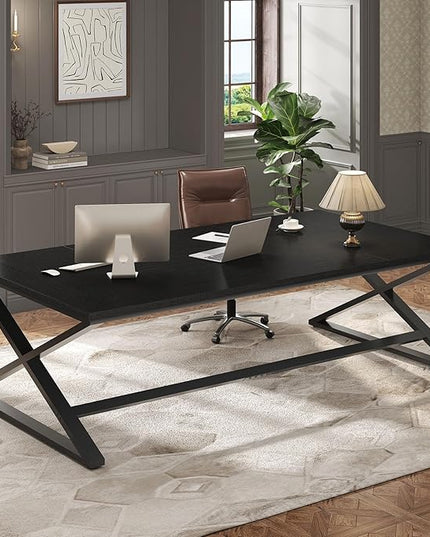 IBF Black Desk, Large Home Office Work Desk, 78.7” Long Computer Desks, Simple Wide Study Writing Desk, Wood Metal Double PC Executive Workstation Gaming Desk Computer Table for Bedroom, Black Oak