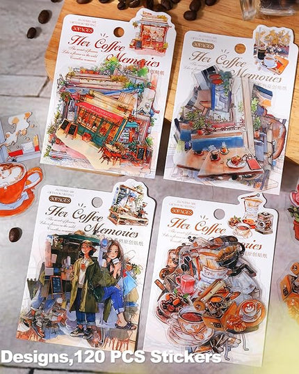 AuriicLeaf Coffee Memories PET Stickers, 120 PCS Vintage Cafe Scene Stickers for Scrapbook, Journals, Planners and DIY Craft Decoration