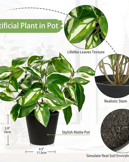 Oairse Artificial Plants Indoor Small Fake Plants in Pots Faux Pothos N‘ Joy Potted Plant Fake Indoor Plants with Black Pots for Bathroom Living Room Office Desk Shelves