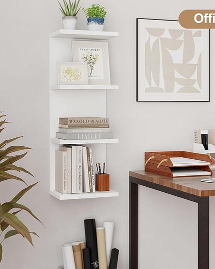 Fun Memories 4 Tier Wall Shelf Unit, Vertical Floating Shelf, Wall Mount Lack Shelving Home Decor Organizer Tall Tower Design Utility Shelving for Bedroom Living Room, White