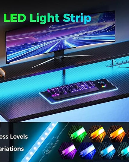 AODK 52 Inch Gaming Desk with USB Charging Ports & LED Light- Reversible Computer Desk with Storage Shelves & Monitor Stand, Modern Gamer Desk Table with Fabric Drawers & Side Hook, Carbon Fiber Black