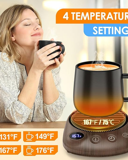 KitchekShop Coffee Mug Warmer - Fastest Heating & Highest Temperature, Coffee Cup Warmer for Desk Auto Shut Off, 4 Temp Settings & 1-12H Timer, Smart Electric Beverage Warmer for Coffee, Tea (Wood)