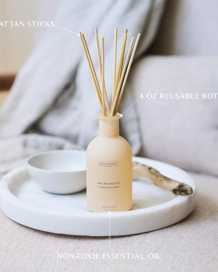 Benevolence LA Reed Diffuser - Champagne & Peony | Luxurious Home & Bathroom Decor | Long-Lasting Scent Diffusers for Home - Malibu Sands Collection
