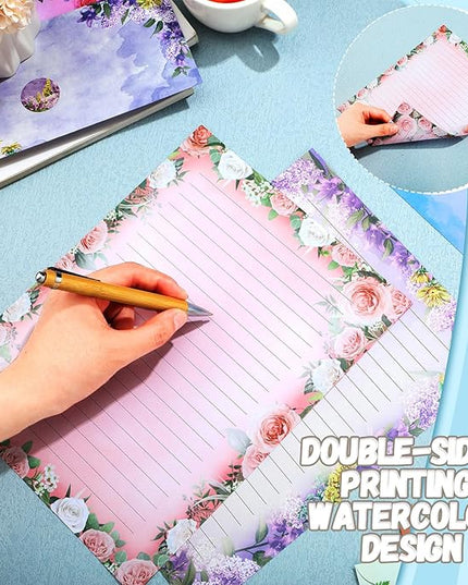 TaoBary 160 Pcs Stationery Paper Set 50 Double Sided Stationery Papers with 50 Matching Envelopes and 60 Round Dot Sticker, 10 Design(Flower,8.5 x 11 Inch)