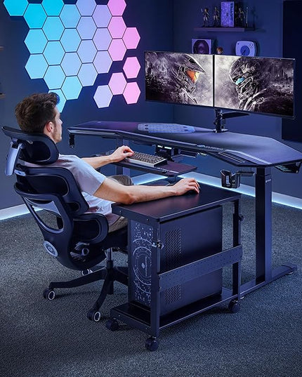 EUREKA ERGONOMIC PC Stand Computer Cart, Height Adjustable Tower Stand 2-Tier Suit for ATX Case Printer, Metal Rolling Cart on Wheels for Gaming Home Office, Carbon Fiber