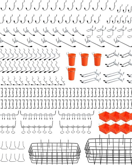 Pegboard Organizer Accessories Kit 264 PCS, Peg Board Hooks Assortment with Bins, Cups, Baskets for 1/4in Pegboard Wall Organizer, Garage Organization, Workbench, Craft Room, Hanging Tools