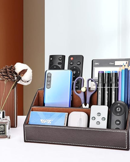KINGFOM Pu Leather Desk Organizer with 5 Compartments Holder, Multi-Functional Office Supplies Storage Caddy for Pen/Pencil, Phones, Remote Controller and Desktop Accessorie Brown