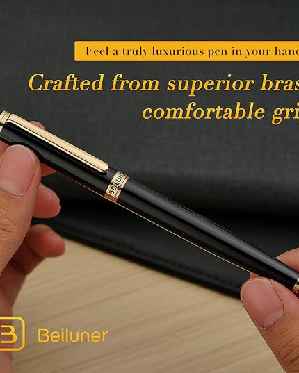 BEILUNER Black Fountain Pen,Stunning Luxury Pens with 24K Gold Accents, Gorgeous 24K Gilded Nib(Medium), Trustworthy Pen Gift for Men&Women -Ink Converter-Elegant, Reliable,Nice Pen for Writing