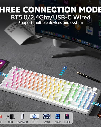 AULA F99 Pro Wireless Mechanical Keyboard-Silent Version,BT5.0/2.4GHz/USB-C Hot Swappable Custom Keyboard,Gasket Structure,Pre-lubed Linear Switches RGB Backlit Computer Gaming Keyboards,White