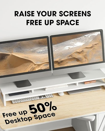 Fenge Dual Monitor Stand for Desk, 42.5in Large Monitor Riser for 2 Monitors, 2 Tier Computer Office Desk Top Shelf, Desktop Storage Stand for Laptop, PC, Computer, Printer
