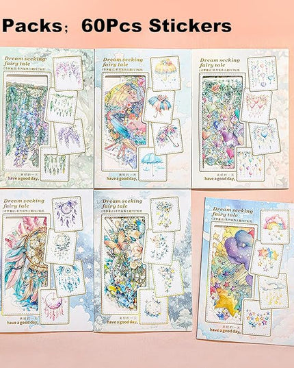 AuriicLeaf Fairy Tale PET Sticker Set, 60PCS Fantasy Scrapbook Supplies with Gold Foil Accents Waterproof Journal Stickers for DIY Crafts, Planners, and Collages