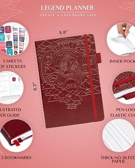 Legend Planner Hourly Schedule Edition – Deluxe Weekly & Daily Organizer with Time Slots. Time Management Appointment Book Journal for Work & Personal Life, Undated, A5 Hardcover – Wine Red, Gold Foil