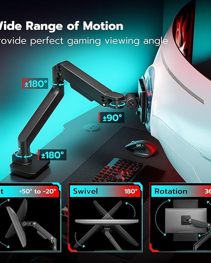 ARES WING Ultrawide Monitor Arm for 17 to 49 Inch Heavy Duty Curved Screen, Holds 44 Lbs, Adjustable Gas Spring Monitor Arm Desk Mount with C Clamp, Grommet Base, 75/100 Vesa Mount, Black