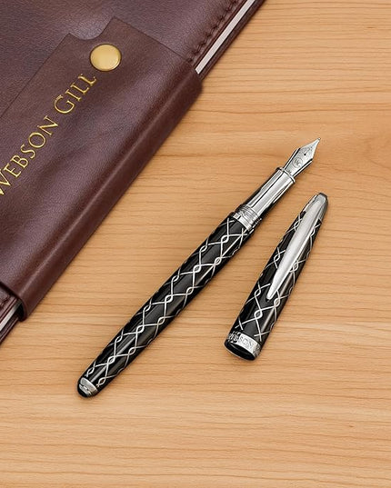 Webson Gill ‘The Weaver’ Black Luxury Executive Fountain Pen, Polished Lacquer & Chrome, Medium Nib, Smudge Free No Bleed, Use Any Fountain Ink w/Included Converter, Fits Cartridges (sold separately)