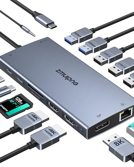 USB C Laptop Docking Station with 2 HDMI 4K@60Hz+DP 8K@30Hz for Dell HP 15 in 1 USB C Hub Triple Display Multiple Adapter Dongle with USB A Port+Button+PD+Ethernet+SD/TF+Audio for Thinkpad Surface