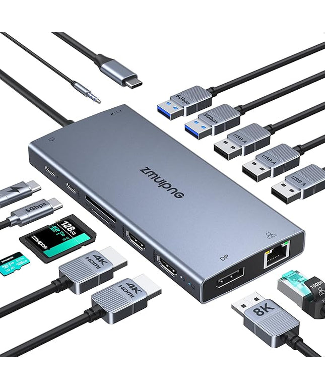 USB C Laptop Docking Station with 2 HDMI 4K@60Hz+DP 8K@30Hz for Dell HP 15 in 1 USB C Hub Triple Display Multiple Adapter Dongle with USB A Port+Button+PD+Ethernet+SD/TF+Audio for Thinkpad Surface