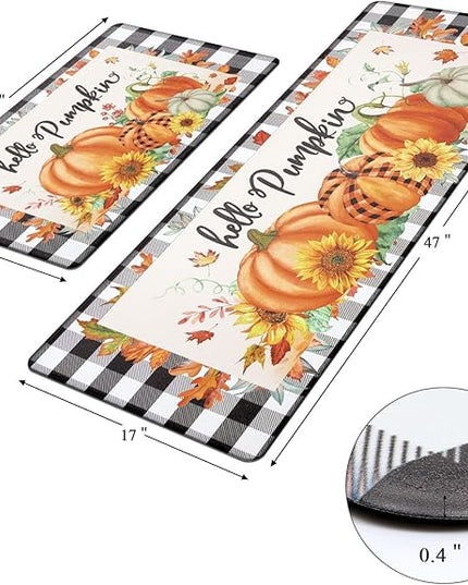 Pauwer Pumpkin Kitchen Rugs Set of 2, Farmhouse Buffalo Plaid Fall Kitchen Floor Mat, Non Slip Anti Fatigue Kitchen Mats for Floor, Cushioned Kitchen Runner Rug Set Fall Autumn Thanksgiving Decor