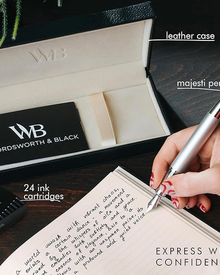 Wordsworth & Black Majesti Fountain Pen-(Silver), Luxury Case, 24K Gold Finish; 18K Gilded Medium Nib- Ink Cartridges, Refillable Ink Converter-Calligraphy Pen-Best Business Gift Set for Men & Women