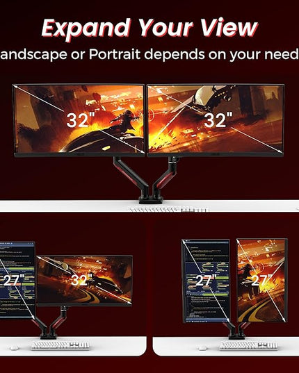 Dual Monitor Mount Gaming for Computer Screen 13-32" and up to 22 lbs,360° Rotation,+90° to -45° Tilt,180° Swivel,with C Clamp and Grommet Base,Integrated Cable Management,75x75/100x100 VESA,RED