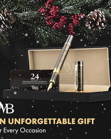 Wordsworth & Black Primori Fountain Pen Set [Gunmetal Gold]; Extra Fine Nib, Gift Case, 24 Ink Cartridges, Refill Converter, Manual; Journaling, Calligraphy, Smooth Writing Pens; Left and Right Handed