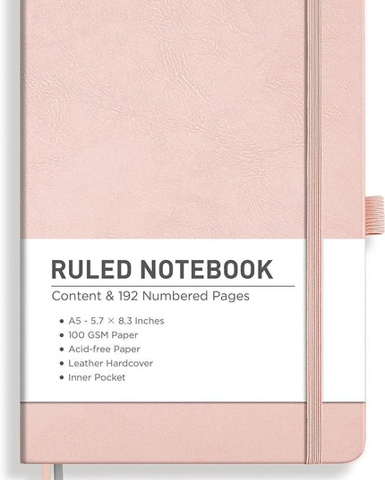 RETTACY Lined Journal Notebook, 192 Numbered Pages, A5 Medium Size (5.7'' x 8.3''), for Men & Women, Journaling, Writing, Work & Office, Leather Hardcover, 100 GSM Thick Paper (Rose Gold)