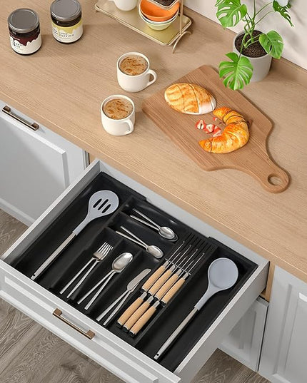 Bamboo-Silverware-Drawer-Organizer-Kitchen, Expandable Utensil Holder Cutlery Tray Flatware Organization Adjustable Wood Tableware Dividers Storage (with Removable Knife Block)(Black)
