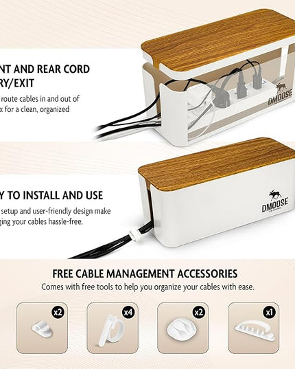 DMoose Cable Management Box - 2 Pack Medium & Large Cord Organizer for Desk & Floor, Cable Organizer Box for Child & Pet - Cable Box Hider for Tidy Office & Home (Wood Print Lid, White Box, Pack of 2)
