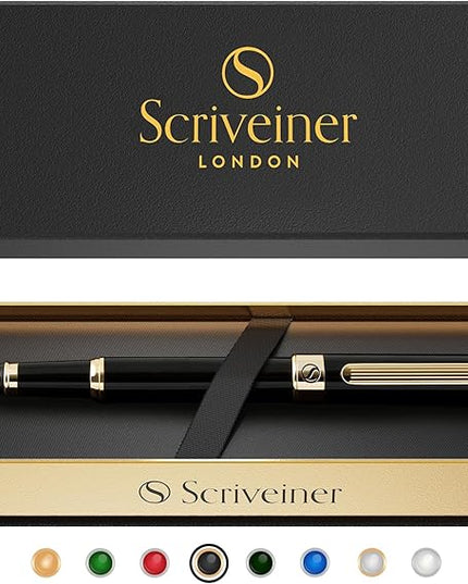 Scriveiner Luxury Fountain Pen - Stunning Black Lacquer Pen, Real Gold Finish, Schmidt Gilded Nib (Fine), Converter, Best Pen Gift Set for Men & Women, Professional, Executive, Office, Nice Pens