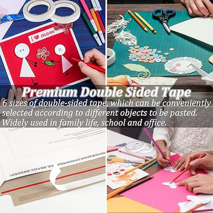 SmaringWing Double Sided Tape for Crafts, 6 Rolls Multi-Size Double-Sided Adhesive Tape for Arts, Photography, Gift Box, Scrapbooking, Card Making, Paper Backing