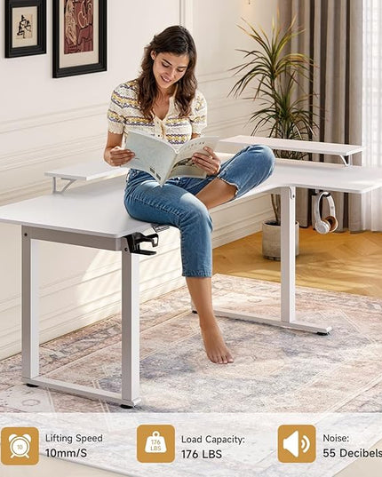 L Shaped Standing Desk, 63x43'' Electric L Stand Up Desk with 2 Adjustable Monitor Shelves, Dual Motor and Memory Controller, Adjustable Height from 28-46'' for Home and Computer Workstation, White
