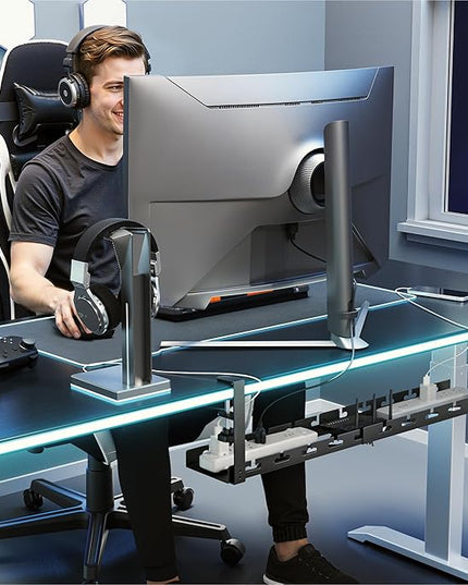 ARES WING 17"-28.7" Extendable Under Desk Cable Management Tray with Cable Slots, Clamp On Cord Organizer Holds Up to 11 lbs, Black Metal Under Desk Storage for Office and Gaming Accessories