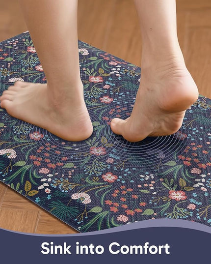 Ophanie Kitchen Mats for Floor, 3/4 inch Thick, 20x39 Anti Fatigue Cushioned Mat, Kitchen Rugs, Waterproof, Comfort Ergonomic Standing Mat for Office, Home, Sink, Blue Flower Non-Slip Ridged Bottom