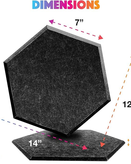 Sonic Acoustics Self-Adhesive 12 Pack Hexagon Acoustic Panels, 14" X 12" X 0.4" High Density Sound Absorbing Panels Sound Proof Insulation Beveled Edge Studio Treatment Tiles-Black