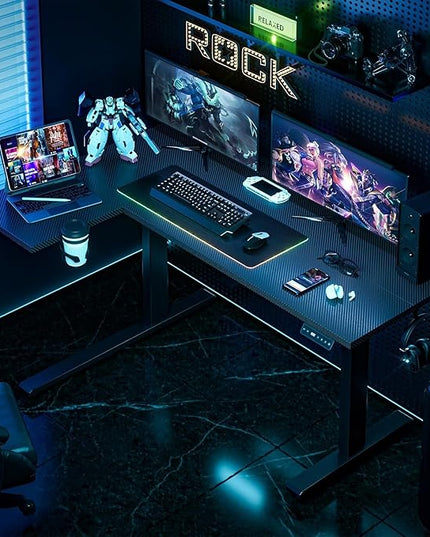 Muvai 71 Inch L Shaped Standing Desk Adjustable Height with Cable Management Tray,Gaming Electric Corner Standing Desk, Sit Stand Computer Table with Reversiable Splice Board, Black Carbon