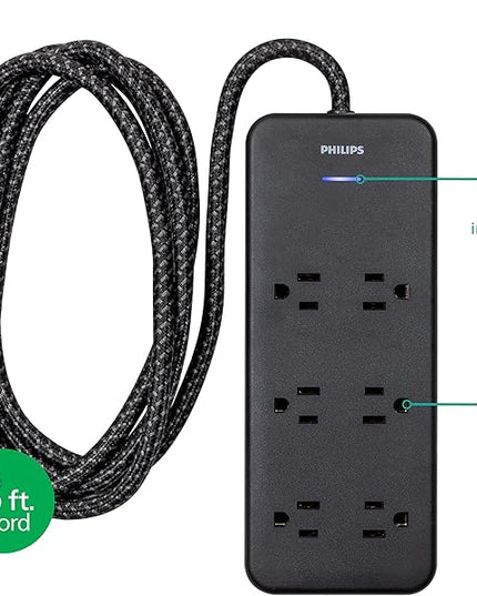 Philips 6-Outlet Surge Protector, 8 Ft, Braided Cord, 1080 Joules, Adapter-Spaced, Black, SPC6066BB/37