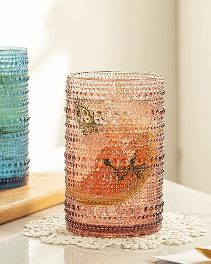 Vintage Glassware Set - 4pcs Multicolor 15.2oz Hobnail Drinking Glasses for Beer, Cocktail, Soda & Juice - Embossed Old Fashioned Glassware with Four Unique Colors