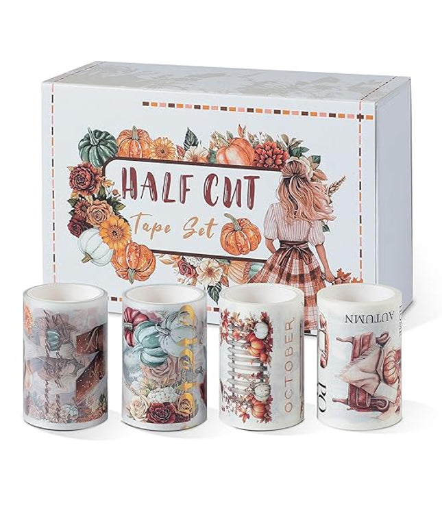 Snycler Pre-Cut Bumper Harvest Themed PET Washi Tapes - Vintage Aesthetic Tape Stickers for Journaling, Scrapbooking, Junk Journals, Crafts, Planners - 4 Rolls