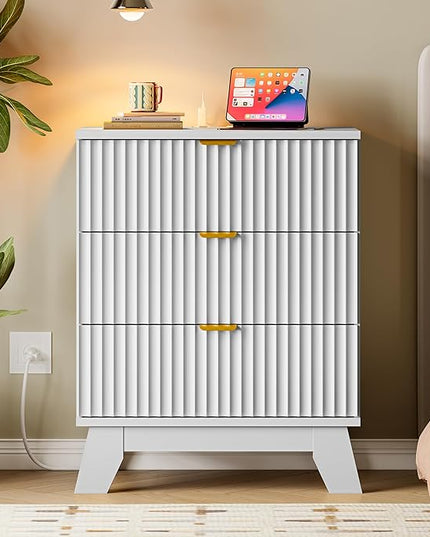 BORNOON 30.5" Nightstand with Charging Station, 3-Drawer Fluted Bedroom Chest, Wood Bedside Dresser with Power Outlets and USB Ports, Metal Slides, Stable Base, Modern Storage Cabinet for Small Spaces