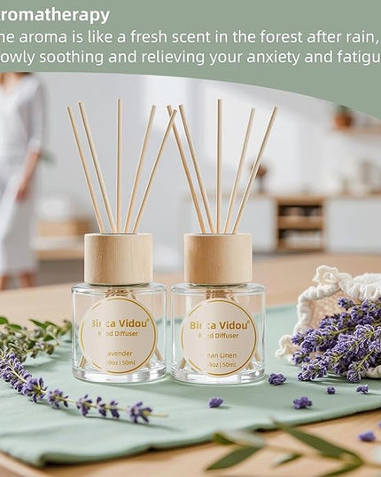 Binca Vidou Reed Diffuser Set Lavender & Linen Natural Scent Theme Oil Diffusers with Sticks for Home Office Bathroom Aromatherapy Decor 1.69oz x 2