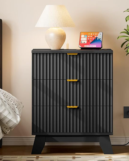 BORNOON 30.5" Nightstand with Charging Station, 3-Drawer Fluted Bedroom Chest, Wood Bedside Dresser with Power Outlets and USB Ports, Metal Slides, Stable Base, Modern Storage Cabinet for Small Spaces