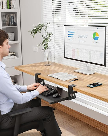 BONTEC KMT01-PJ Under Desk Keyboard Tray, Pull-Out Keyboard & Mouse Platform with C-Clamp, 20 x 11.8 in Space-Saving Ergonomic Slide-Out Drawer, Black