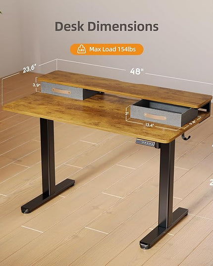 Seang Electric Standing Desk with 2 Drawers, Adjustable Standing Desk with Storage Shelf, Height Adjustable Stand up Desk for Home Office with 3 Presets & 2 Hooks,48 Inch, Rustic Brown