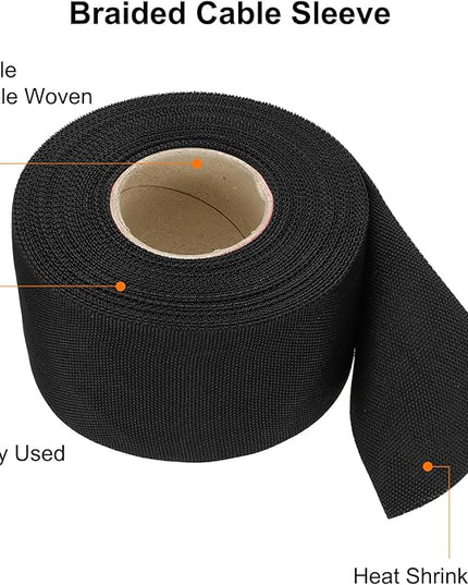 MECCANIXITY Braided Cable Sleeves Heat Shrinkable Fabric Sleeving, 2" 40ft Black 2:1 Ratio Heat Shrinkable Cord Protector for Harness Cable, Network Cable Protection, Cable Management